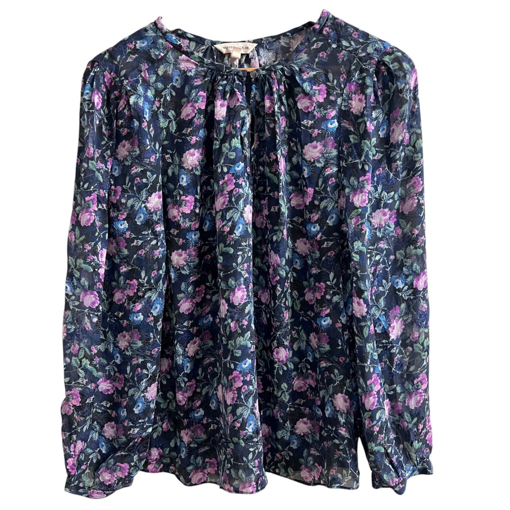 Rebecca Taylor Floral Silk Blend Blouse Navy Purple Size 12 Womens Boho Top